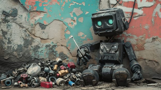 an old unnecessary Robot holds a tool on a pile of garbage against the background of a dilapidated wall.