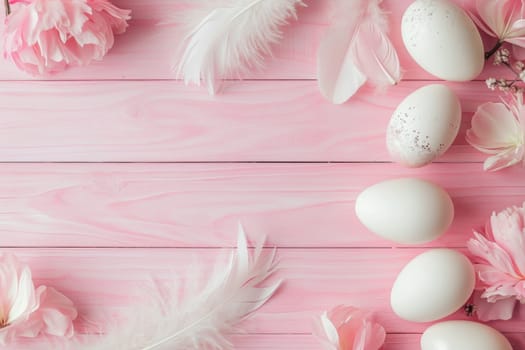 White Easter eggs and soft feathers with pink flowers on a wooden background.