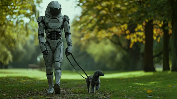 Futuristic Walk, Robot and Dog in the Park.Robot walking a dog in a serene park.