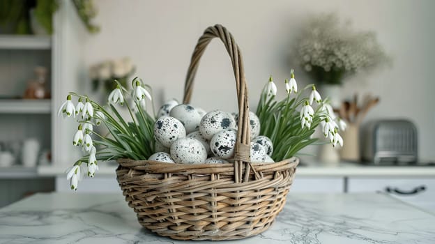 A wicker basket contains pastel-colored Easter eggs nestled among fresh snowdrops on the kitchen table.