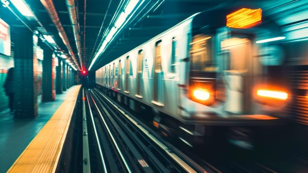 subway train in motion.Blurred motion of a subway train speeding through an underground station.