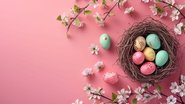 Colorful Easter eggs in a nest, surrounded by delicate spring flowers on a pink backdrop.