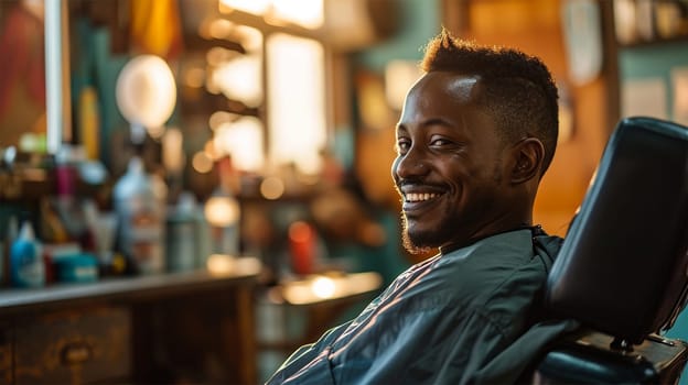 Joyful African man enjoying a new hairstyle in a barbershop.