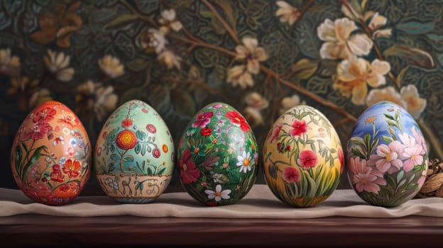 Hand-painted Easter eggs on shelf against floral backdrop.