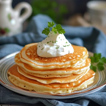 A tall stack of pancakes topped with sour cream and parsley.