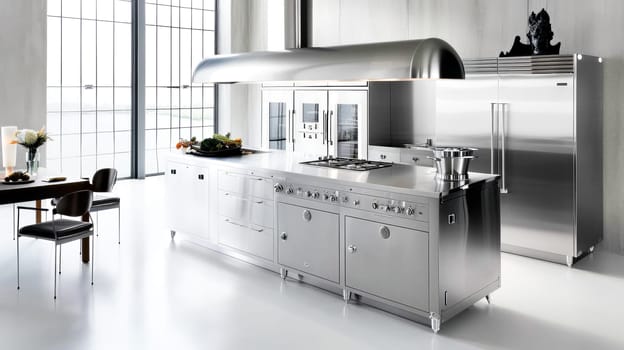 Luxurious professional kitchen with stainless steel appliances and expansive windows.