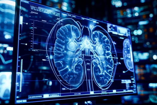 High-tech medical imaging screen showing detailed kidney MRI scans.