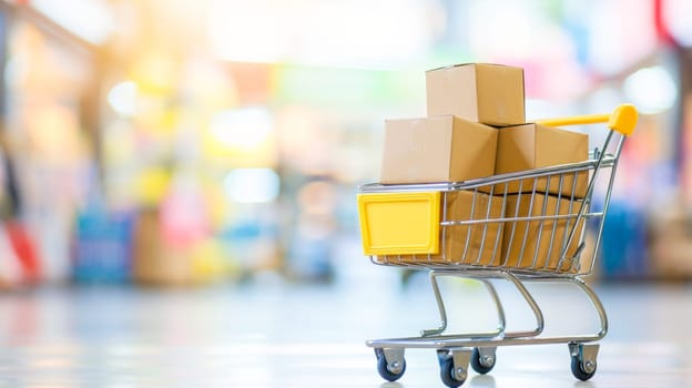 shopping cart full of cardboard boxes against blurred image of shop