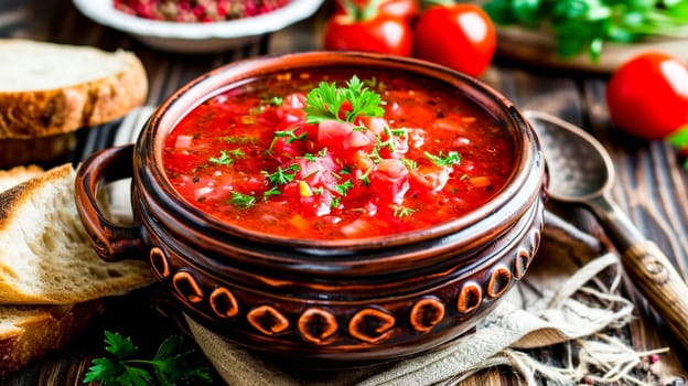 Traditional ukrainian borscht with green onion. Delicious beet soup in bowl with rye bread.