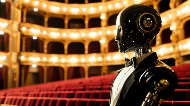 An elegant robot experiencing the arts, a juxtaposition of technology and culture.Sophisticated Android in Theater