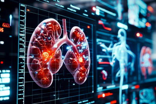 Detailed kidney function analysis on a futuristic digital interface with interactive 3D models