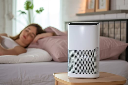 Woman asleep in bed with a focus on the air purifier in the foreground.