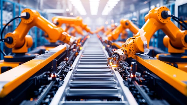 Robotic arms in action on an industrial assembly line.