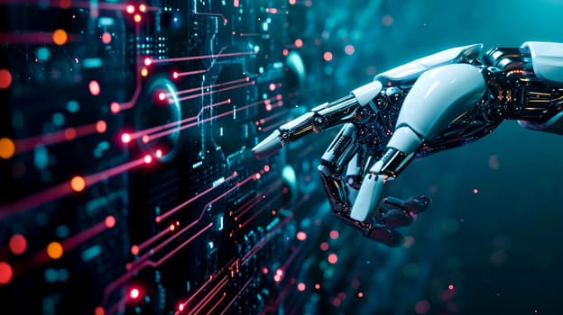 A robotic arm with intricate circuitry engages with glowing data streams.