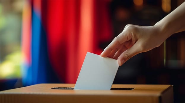 Close-up of a person's hand putting a voting ballot into a slot of a wooden ballot box, with a blurred flag background.