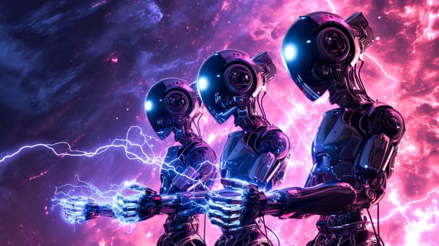 Futuristic robots amidst electric lightning, symbolizing advanced technology and AI.