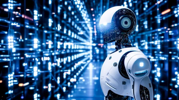 Futuristic robot interfacing with glowing data server.Cybernetic Data Interaction.