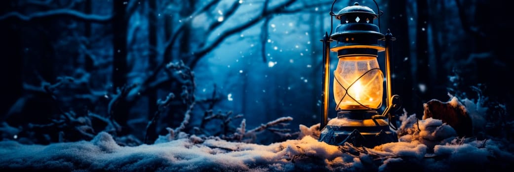 Vintage lantern in a snowy forest, creating a soft glow on a winter night.Ideal for winter content, holiday decorations, and memorable stories in movies or literature.