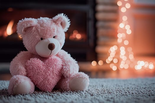 Plush pink plush bear sitting on a soft rug, with a warm fireplace glow in the background.