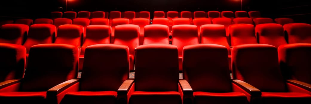 Empty cinema seats in a dark theater with ambient lighting.Venue advertising, cultural event brochures