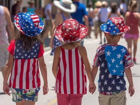 children dressed in the colors of the american flag walk down the street on independence day of America