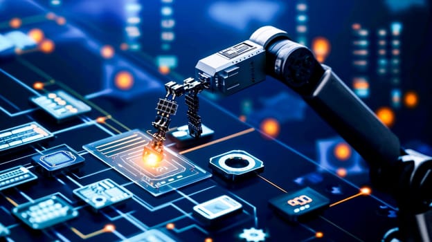 Precision robotic arm soldering on a high-tech circuit board, glowing nodes.
