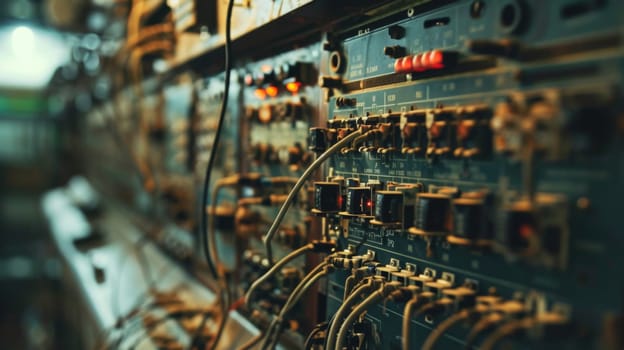 Close-up of retro audio mixer's internal wiring and components.Vintage Audio Mixer Circuitry