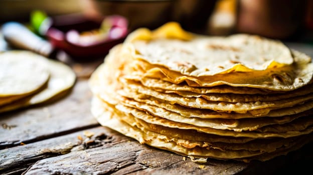 A wooden stack of thin, golden brown homemade Flatbread on a wooden surface, reminiscent of a warm homemade treat.Suitable for use as images for recipe blogs, cooking websites, cookbook illustrations.