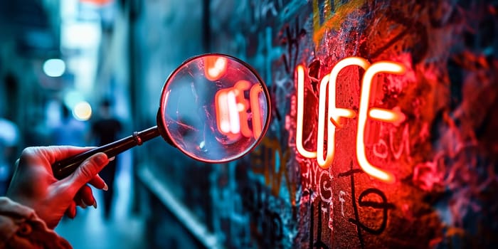 A magnifying glass focuses on a neon sign with the word 'LIFE', set against a gritty urban wall filled with graffiti. Wall art, urban exploration themes, background for creative projects.