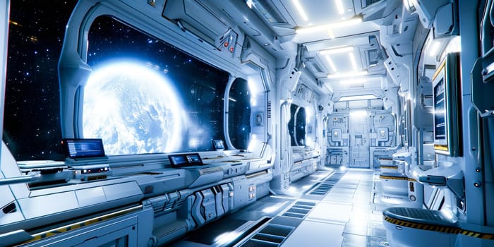 station interior with a window showing stars, bright white lighting, science fiction