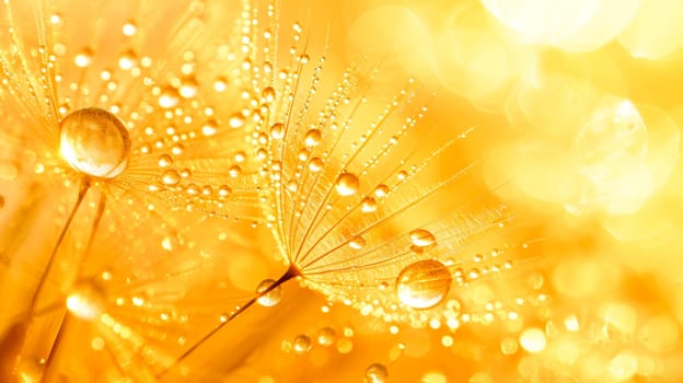 Golden Dewdrops on Dandelion Seeds.Sunlit dandelion seeds with dewdrops.