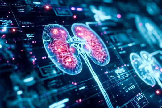 Advanced medical technology interface with glowing red kidney graphics against a high-tech digital background.
