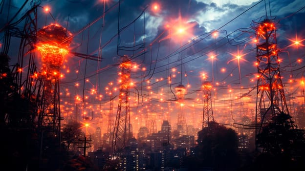 Power lines with sparks over urban skyline.