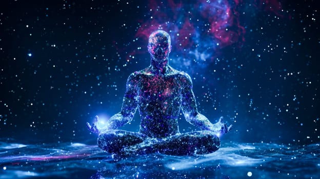 A human silhouette meditating in cosmos with stars, embodying tranquility.
