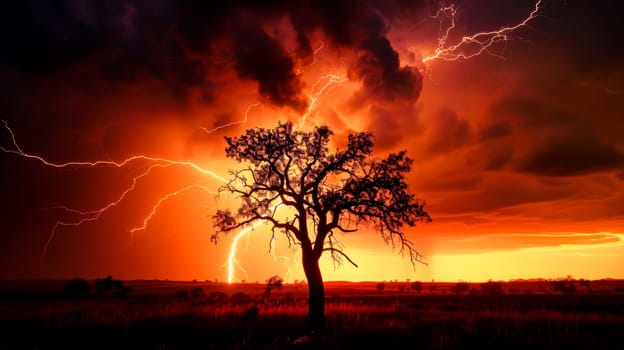 Solitary tree silhouetted against a dramatic thunderstorm with lightning strikes.