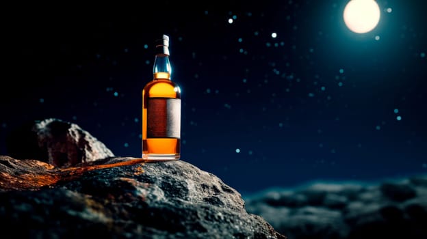 illuminated by a beam A bottle of whiskey stands on a stone at night, against the backdrop of the top of the moon