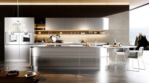 light modern kitchen in high-tech style made of metal .Sleek kitchen design with metallic surfaces and ambient lighting.