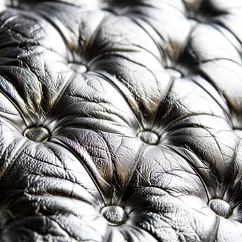 Close-up of silver leather upholstery with intricate buttons.Luxurious Leather Tufting. Ideal for interior design elements, luxury goods marketing or fashion design materials.