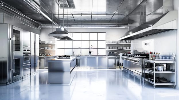 Sleek industrial kitchen with metallic surfaces and natural lighting.