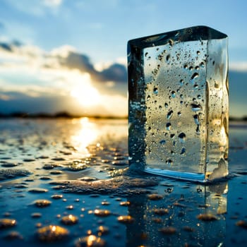 A transparent ice block on a wet surface, backlit by a golden sunset, with water droplets and bokeh.environmental themes, natural backdrops, or conceptual art pieces.