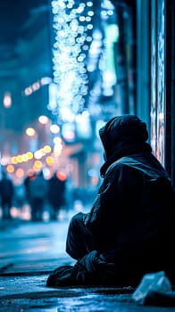 side view of a homeless man sitting on the street against the backdrop of a blurred image of the illumination of the city