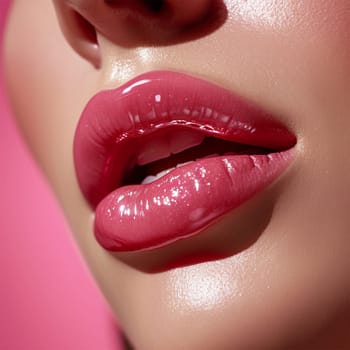Lustrous Pink Lip Gloss. Close-up of glossy pink lips, makeup detail.