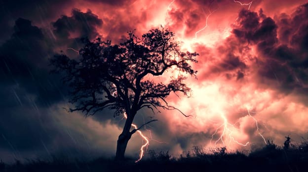 Solitary tree silhouetted against a dramatic thunderstorm with lightning strikes.