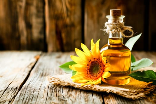A rustic bottle of sunflower oil with a blooming sunflower beside it, on a wooden surface.