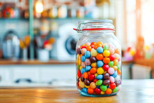 sweets in a glass jar on the table against the background of a blurred image of the kitchen