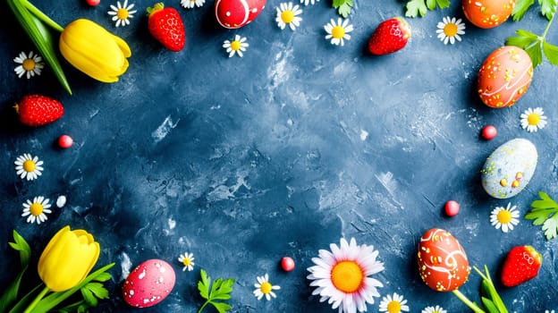 Easter flat lay with colorful eggs and tulips