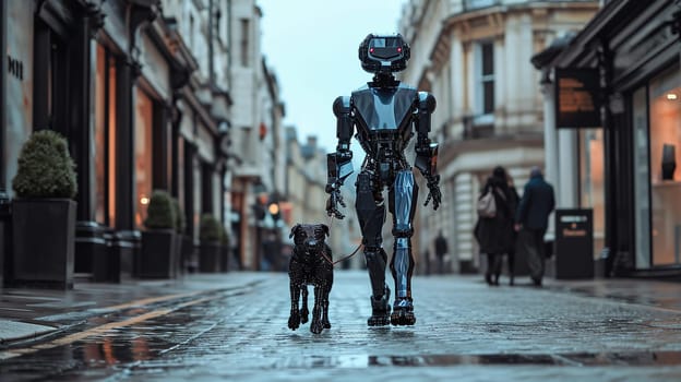 A humanoid robot walks a smaller robot dog on a rainy city street.