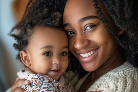 Smiling African American mother holding her baby, both with curly hair, in a loving embrace.