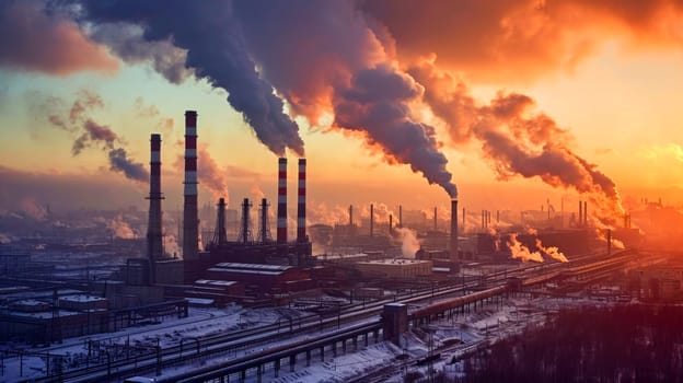 Smoke billows from towering chimneys against the cold dawn sky in a snow-covered industrial landscape.concept of environmental impact, industrialization, climate change and energy production.