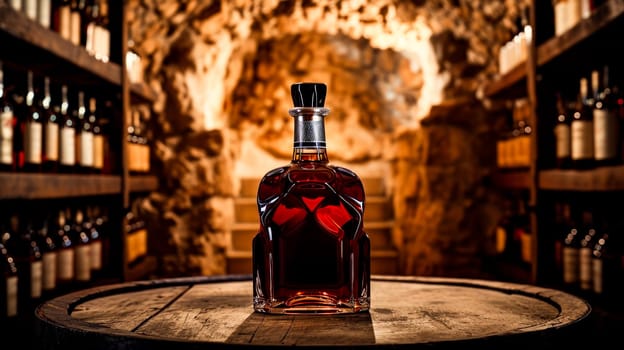 Premium whiskey decanter centerpiece.Elegant Whiskey Decanter on Wooden Barrel